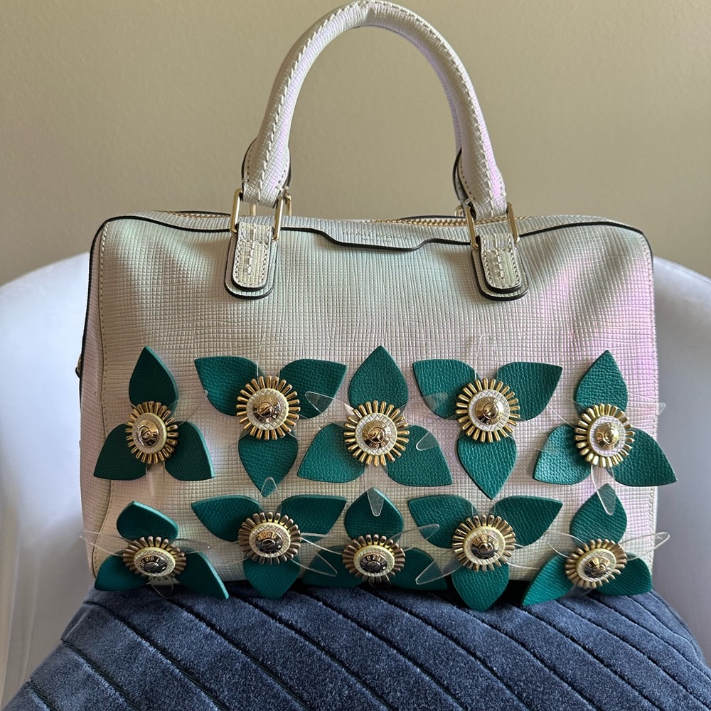 Henri Bendel West 57th Barrel satchel  irrisicent floral app. Iridescent White.